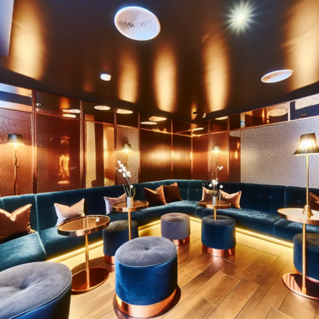 Luxe donkerblauwe privélounge met comfortabele zithoek en warme verlichting