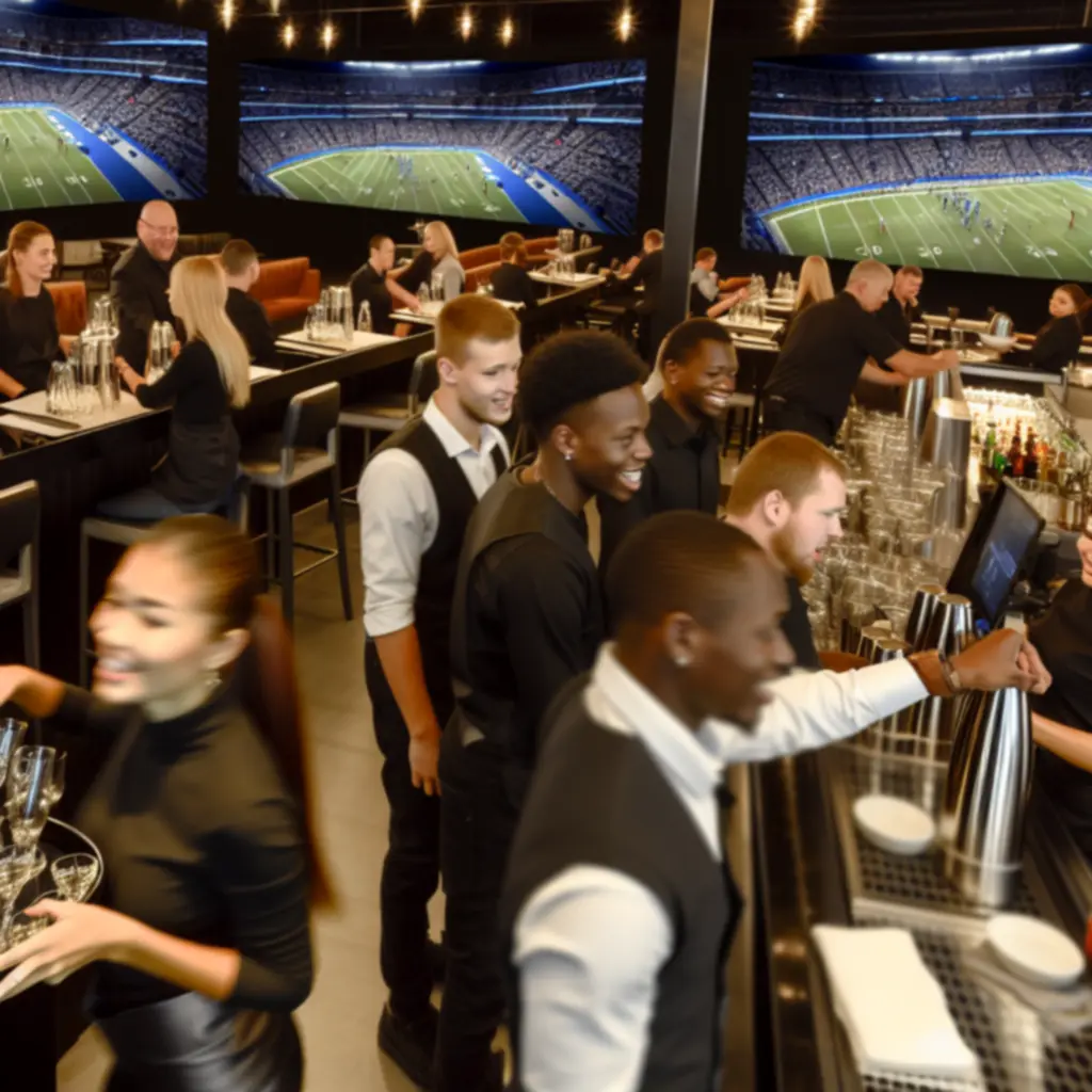 Bedieningsteam in actie in een sfeervolle sportbaromgeving