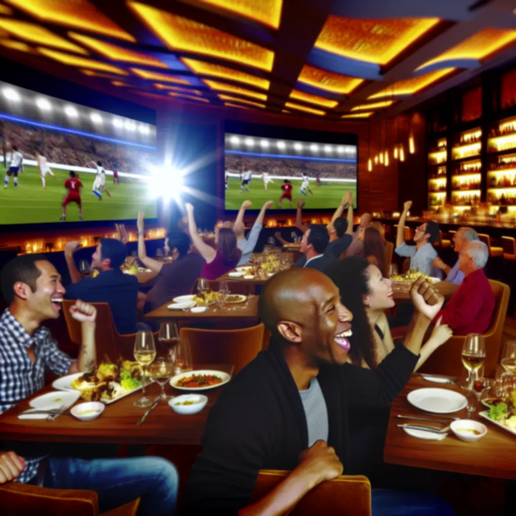 Gasten juichen tijdens een live sportevent in een stijlvol verlichte bar bij MidnightAmstel