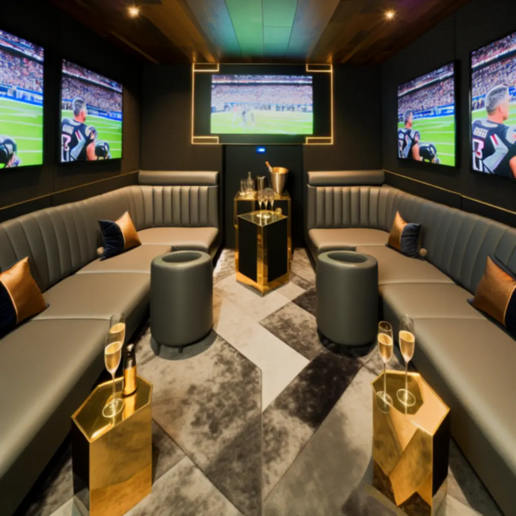 Exclusieve VIP-lounge met comfortabele zitplekken en schermen voor sportwedstrijden